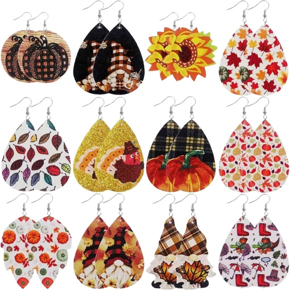 Autumn Earrings Faux Leather Leaves Turkey Rain Pilgrim Thanksgiving Dangle NEW - Picture 4 of 4